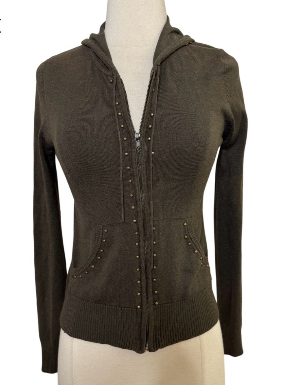 Women’s Olive Zip-Up Hoodie Sweater with Stud Detail